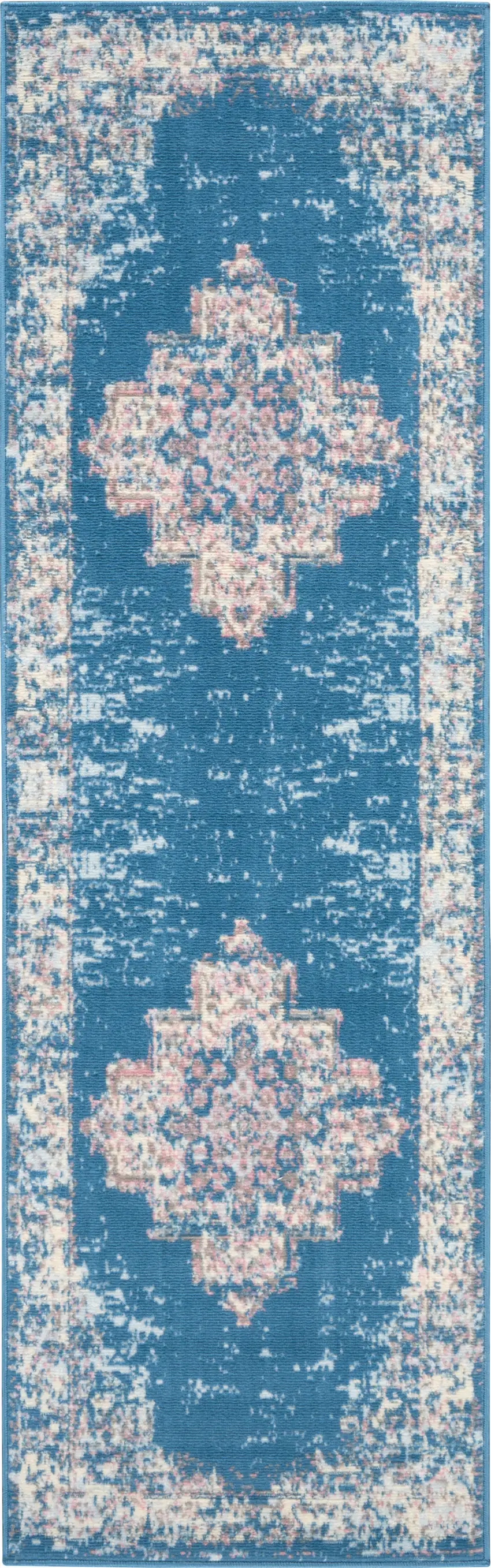 8' Blue Damask Power Loom Runner Rug Photo 1