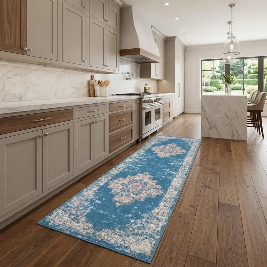 8' Blue Damask Power Loom Runner Rug Photo 1