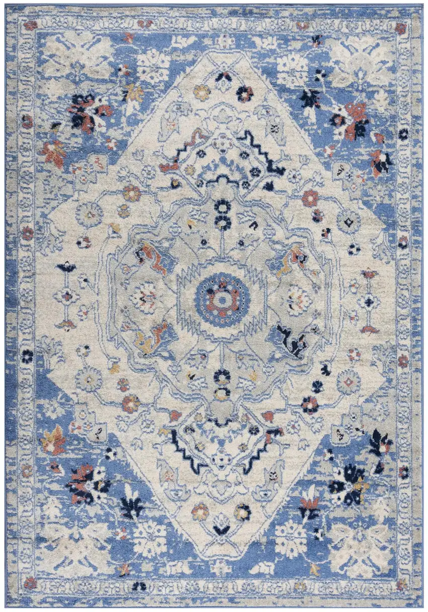 8' Blue Dark Blue Orange Yellow Black And Ivory Medallion Area Rug Photo 3