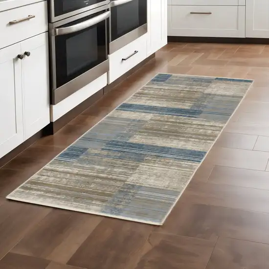 8' Beige Blue and Gray Geometric Power Loom Runner Rug Photo 1