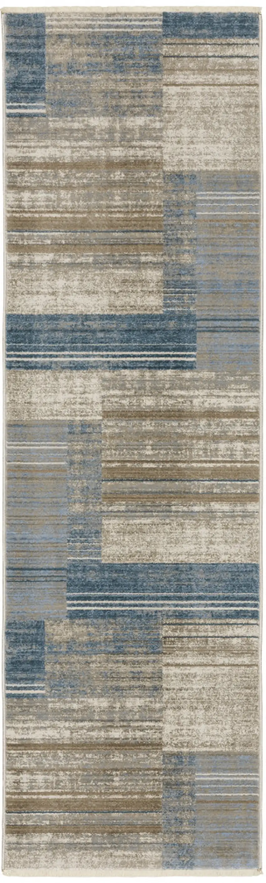 8' Blue Dark Blue Teal Grey Ivory Beige And Tan Geometric Power Loom Runner Rug With Fringe Photo 1