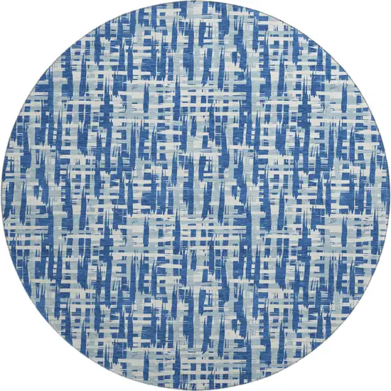 8' Blue Denim Blue And Ivory Abstract Geometric Washable Round Rug With UV Protection Photo 1