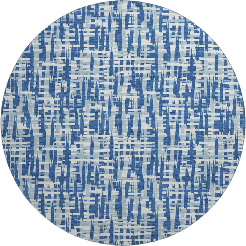 8' Blue Denim Blue And Ivory Abstract Geometric Washable Round Rug With UV Protection Photo 1