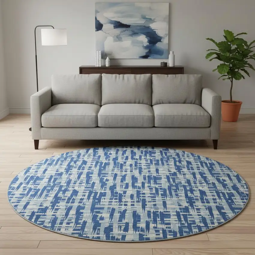 8' Blue Denim Blue And Ivory Abstract Geometric Washable Round Rug With UV Protection Photo 2