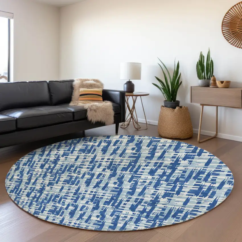 8' Blue Denim Blue And Ivory Abstract Geometric Washable Round Rug With UV Protection Photo 4