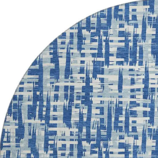 8' Blue Denim Blue And Ivory Abstract Geometric Washable Round Rug With UV Protection Photo 3