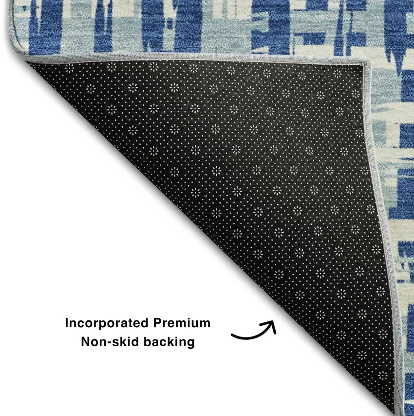 8' Blue Denim Blue And Ivory Abstract Geometric Washable Round Rug With UV Protection Photo 6