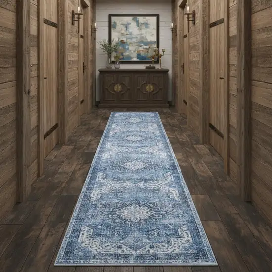 10' Blue Floral Distressed Runner Rug Photo 1
