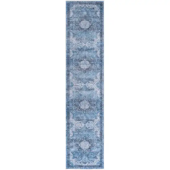 10' Blue Floral Distressed Runner Rug Photo 7