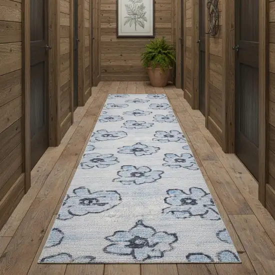 10' Blue Floral Distressed Runner Rug Photo 1