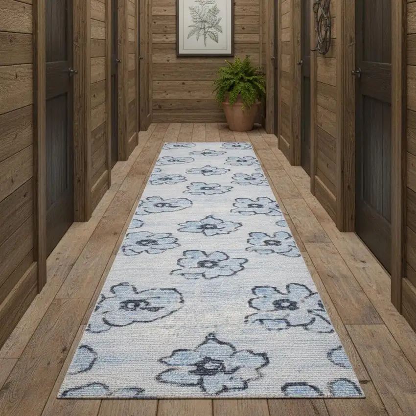 10' Blue Floral Distressed Runner Rug Photo 1