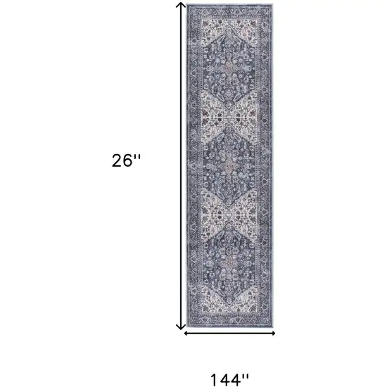 12' Blue Floral Distressed Runner Rug Photo 3