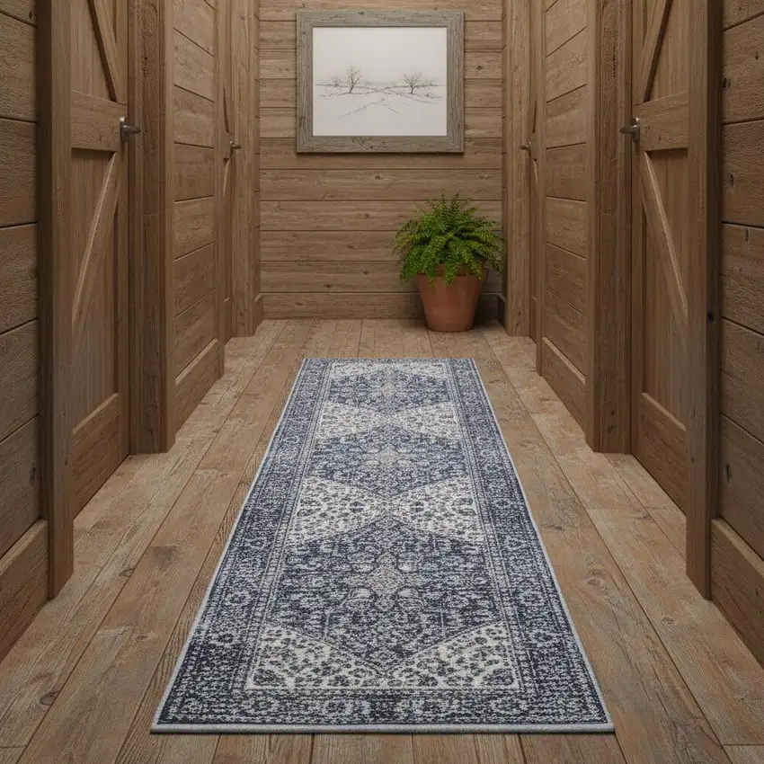 12' Blue Floral Distressed Runner Rug Photo 1