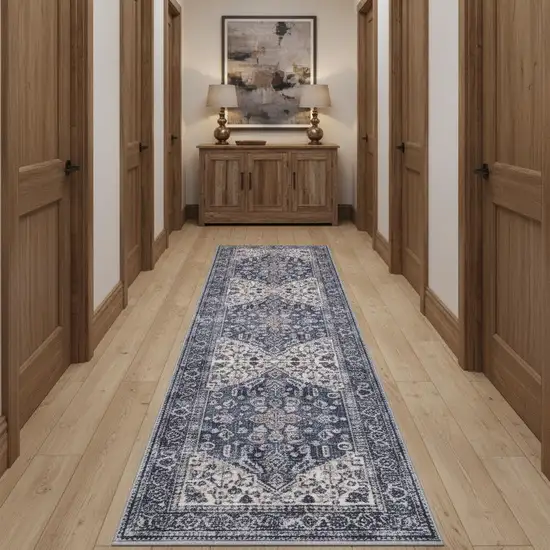 12' Blue Floral Distressed Runner Rug Photo 1