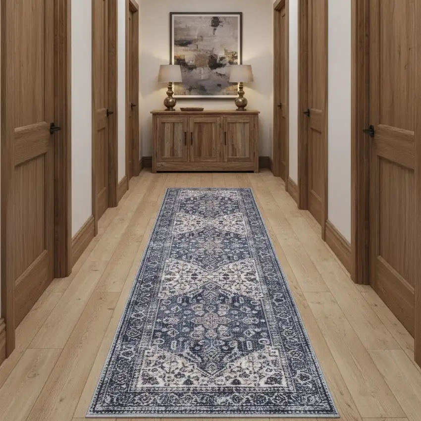 12' Blue Floral Distressed Runner Rug Photo 1