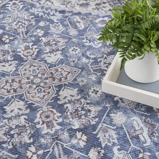 12' Blue Floral Distressed Runner Rug Photo 4