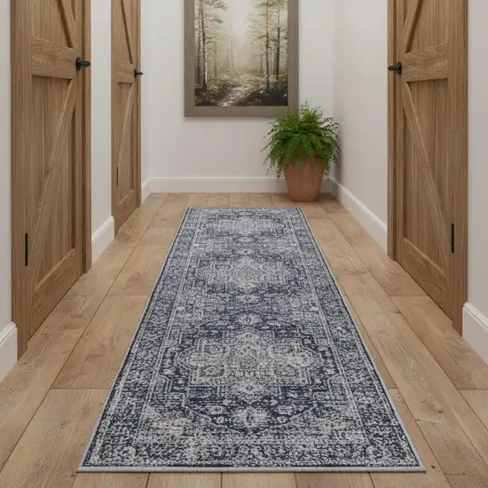 12' Blue Floral Distressed Runner Rug Photo 1