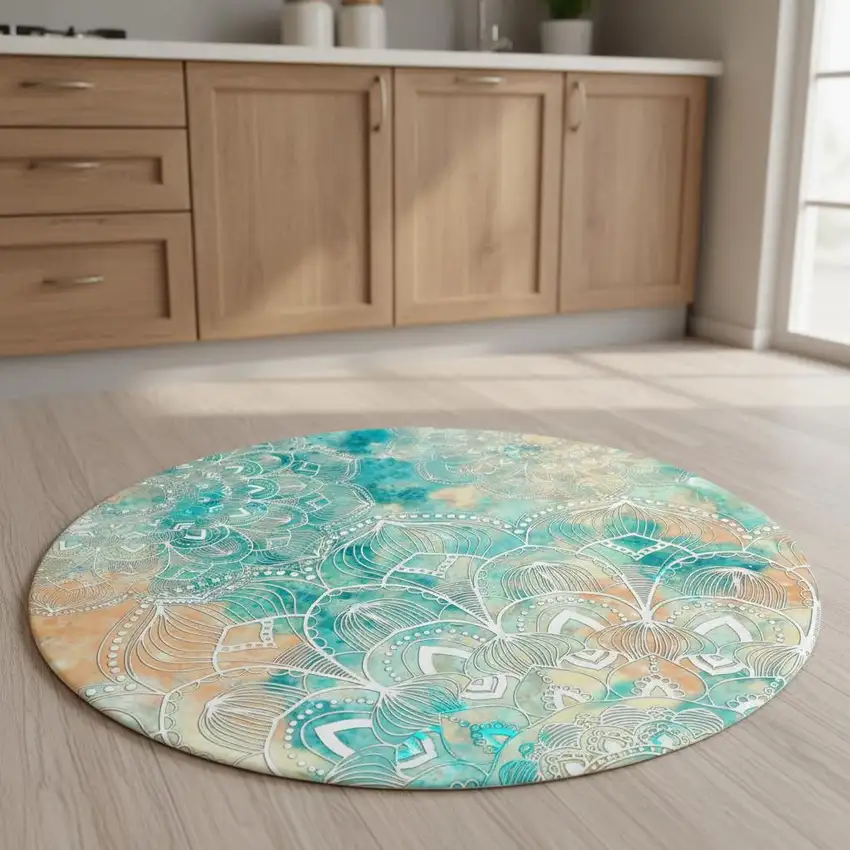 5' Blue Floral Flatweave Round Rug Photo 1