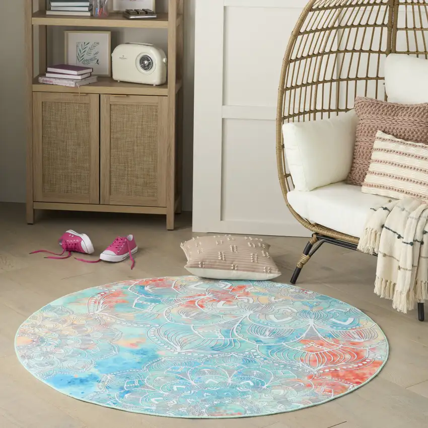 5' Blue Floral Flatweave Round Rug Photo 6