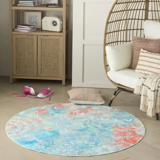 5' Blue Floral Flatweave Round Rug Photo 6