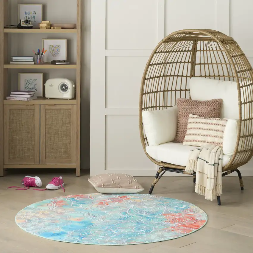 5' Blue Floral Flatweave Round Rug Photo 5