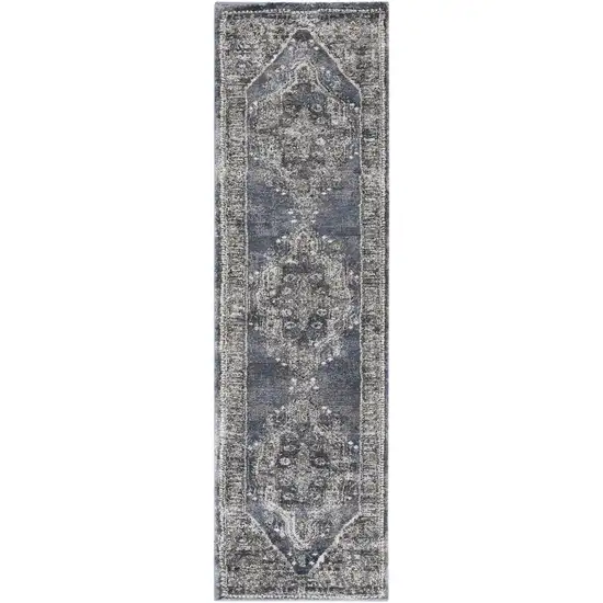 8' Teal Ivory And Gray Floral Medallion Distressed Runner Rug Photo 1