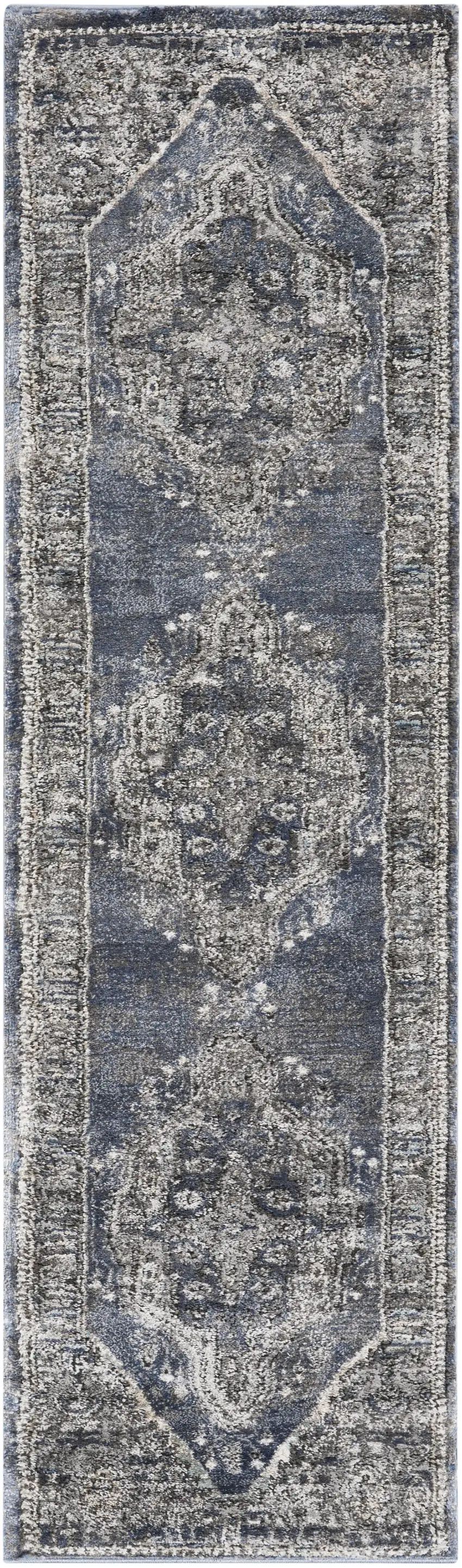 8' Teal Ivory And Gray Floral Medallion Distressed Runner Rug Photo 1