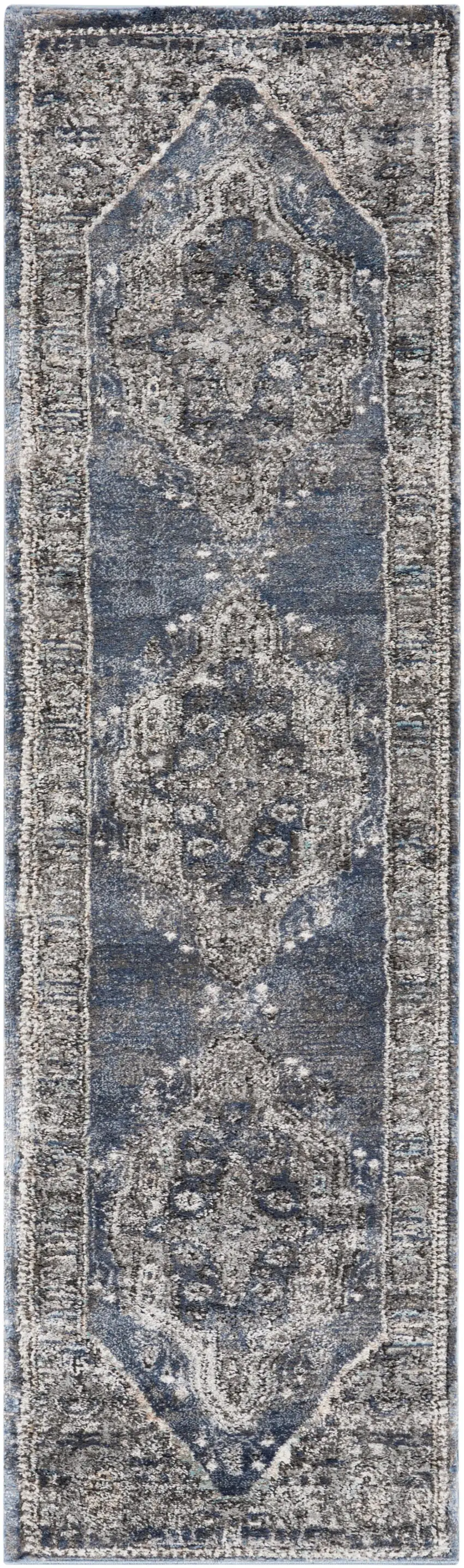 8' Blue Floral Power Loom Distressed Runner Rug Photo 2