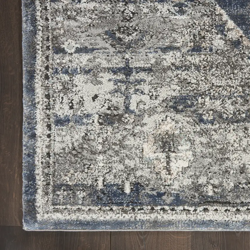 8' Teal Ivory And Gray Floral Medallion Distressed Runner Rug Photo 9