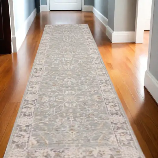 10' Blue Floral Power Loom Distressed Runner Rug Photo 2