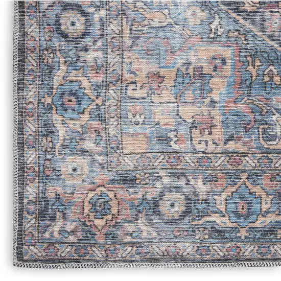 8' Blue Floral Power Loom Distressed Washable Runner Rug Photo 9