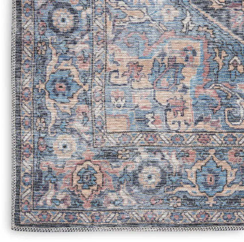 8' Blue Floral Power Loom Distressed Washable Runner Rug Photo 9