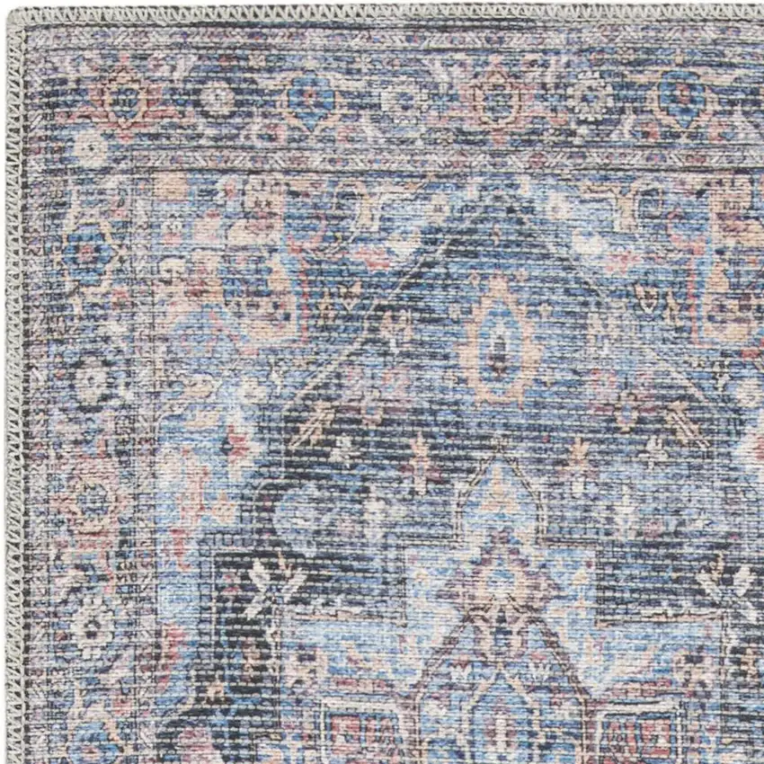 8' Blue Floral Power Loom Distressed Washable Runner Rug Photo 1