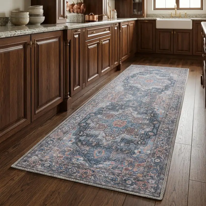 8' Blue Floral Power Loom Distressed Washable Runner Rug Photo 1