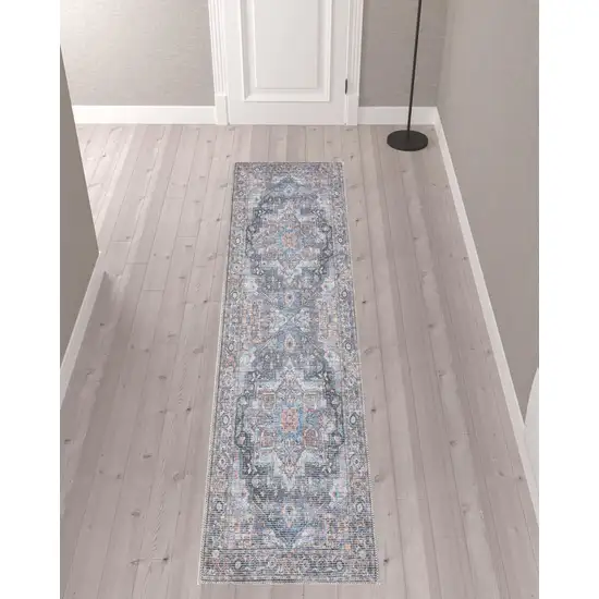 10' Blue Floral Power Loom Distressed Washable Runner Rug Photo 3