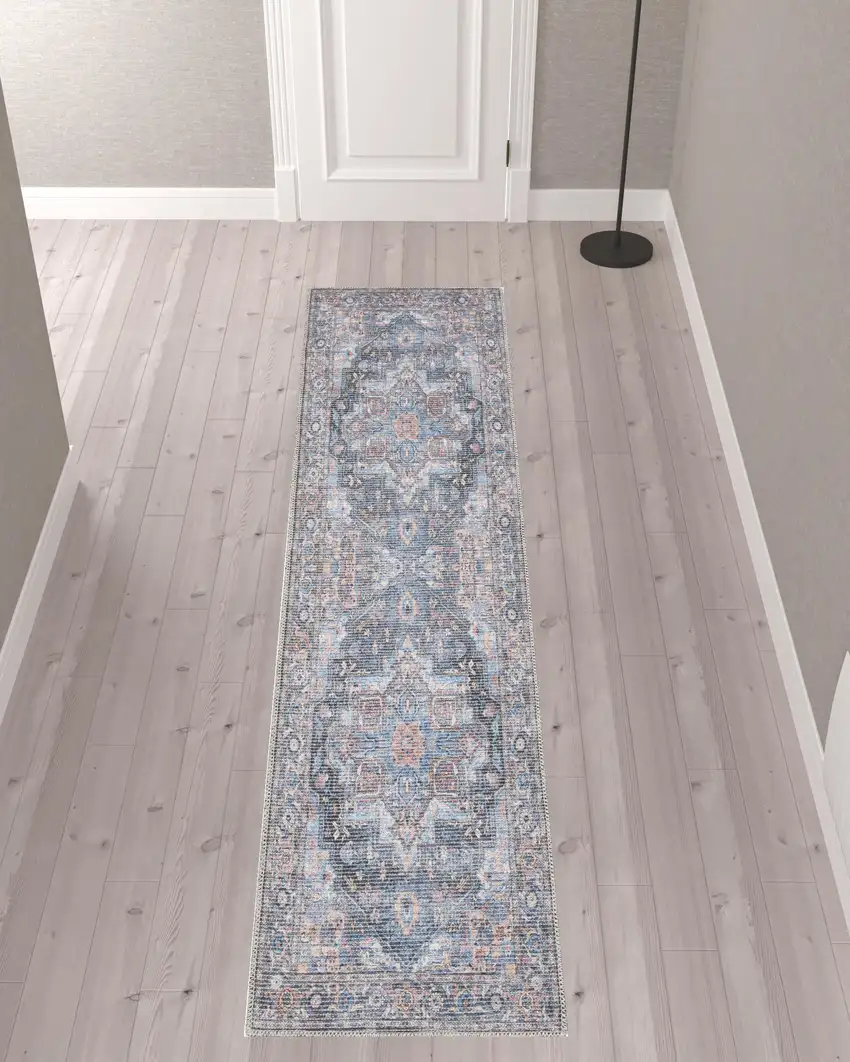 10' Blue Floral Power Loom Distressed Washable Runner Rug Photo 3