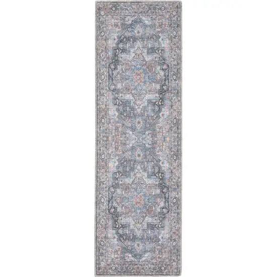 10' Blue Floral Power Loom Distressed Washable Runner Rug Photo 2
