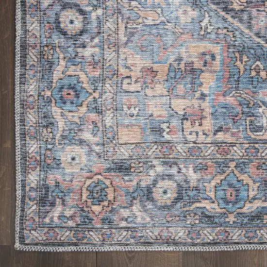 10' Blue Floral Power Loom Distressed Washable Runner Rug Photo 4