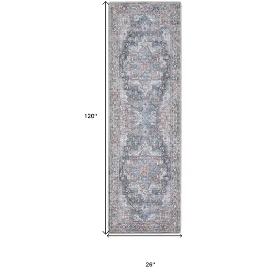 10' Blue Floral Power Loom Distressed Washable Runner Rug Photo 8