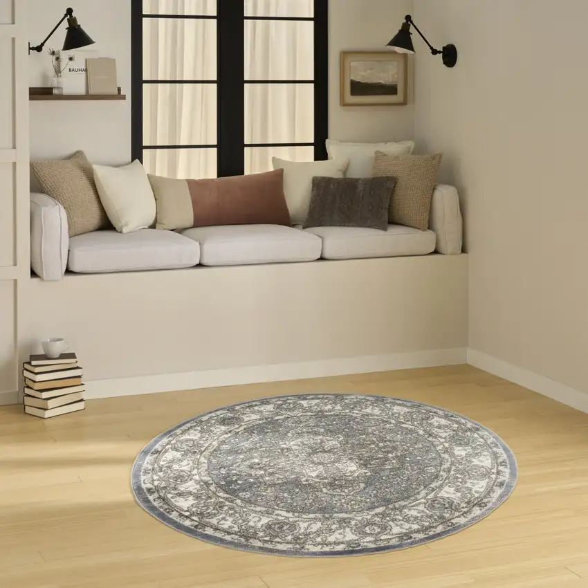 4' Blue Floral Power Loom Round Rug Photo 7