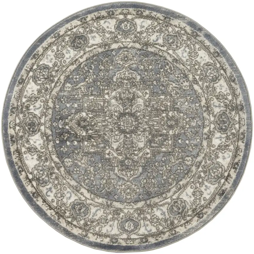 4' Blue Floral Power Loom Round Rug Photo 4