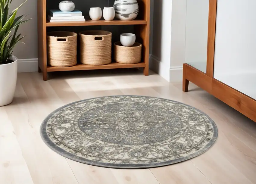 4' Blue Floral Power Loom Round Rug Photo 1