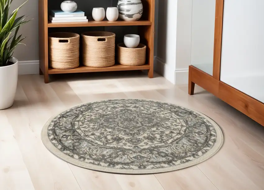 4' Blue Floral Power Loom Round Rug Photo 1