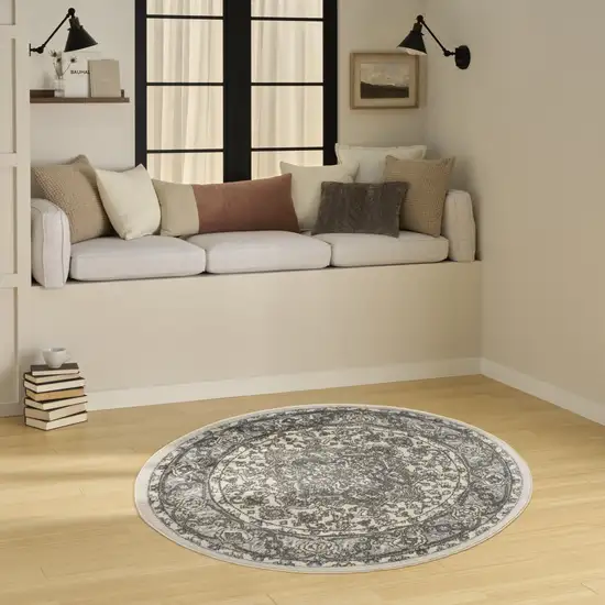 4' Blue Floral Power Loom Round Rug Photo 9