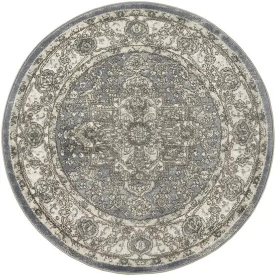 8' Blue Floral Power Loom Round Rug Photo 4