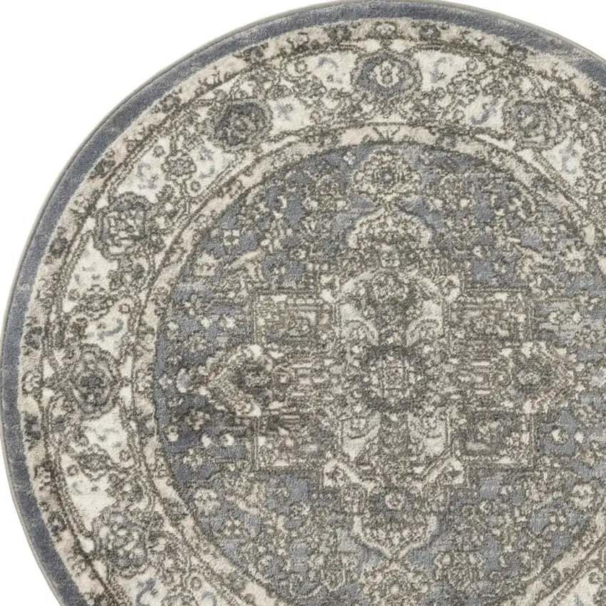 8' Blue Floral Power Loom Round Rug Photo 5