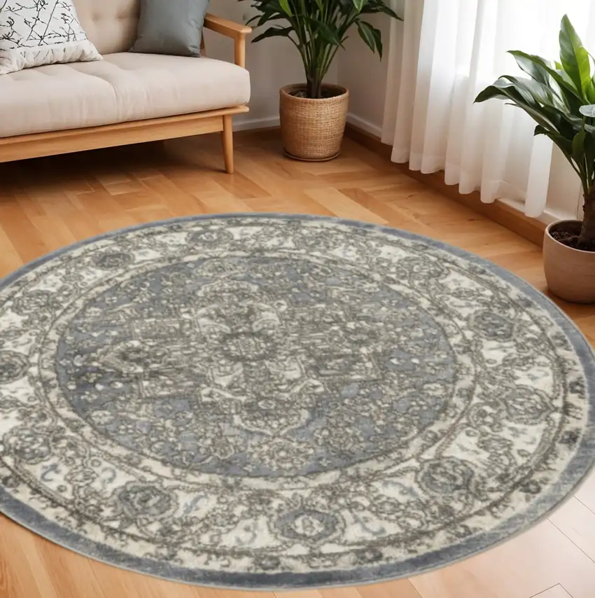 8' Blue Floral Power Loom Round Rug Photo 1