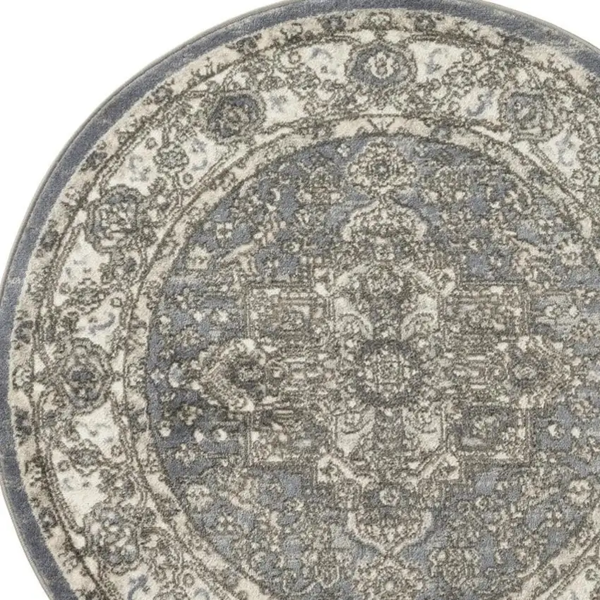 8' Blue Floral Power Loom Round Rug Photo 3