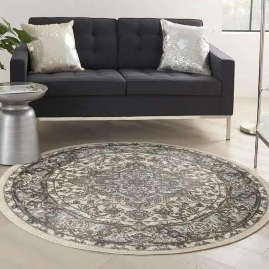 8' Blue Floral Power Loom Round Rug Photo 2