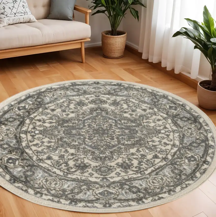 8' Blue Floral Power Loom Round Rug Photo 1